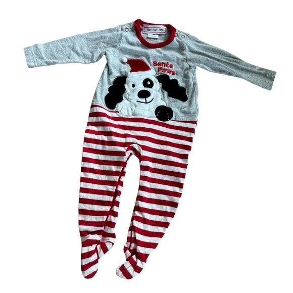 HO Ho Ho Christmas Pajama Santa Paws Puppy Footed Baby Boy 9M - Picture 1 of 6